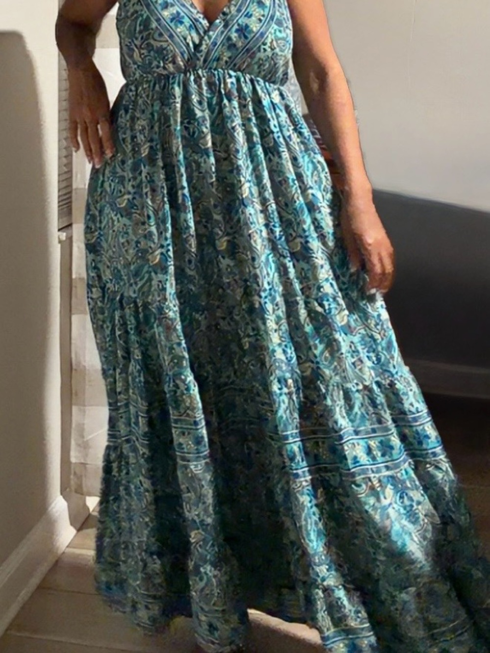 Blue Paisley Maxi Dress with V-Neck